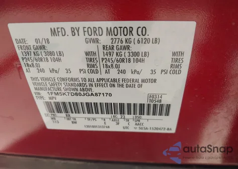 2018 Ford Explorer Xlt из США, поврежденный, VIN 1FM5K7D80JGA87170